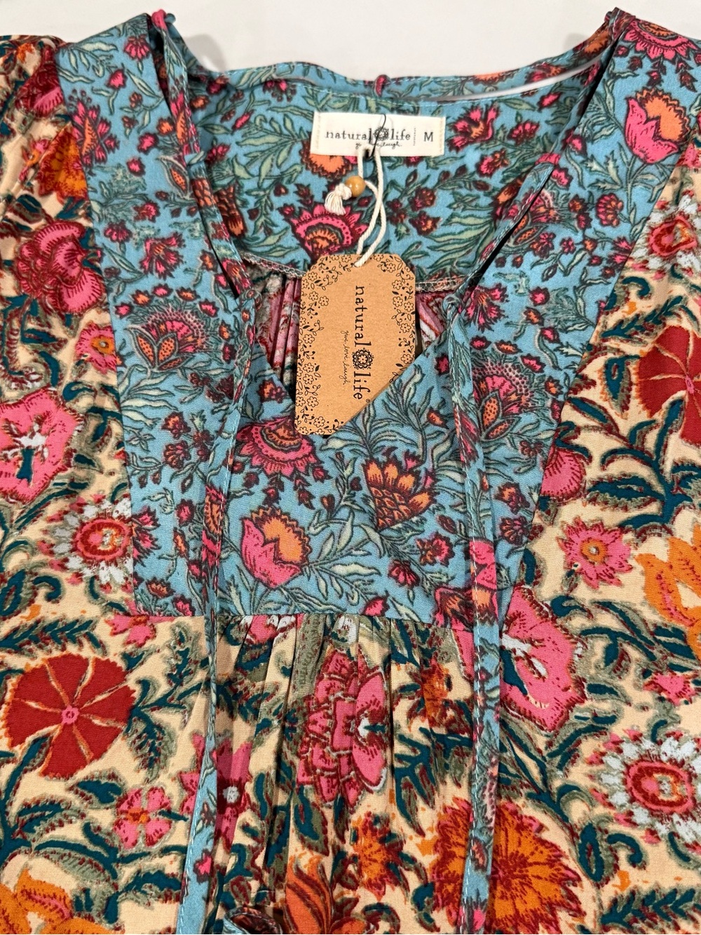 Natural Life Rowan Floral Peasant Blouse Sz Medium Pink Boho TieNeck cottage NWT